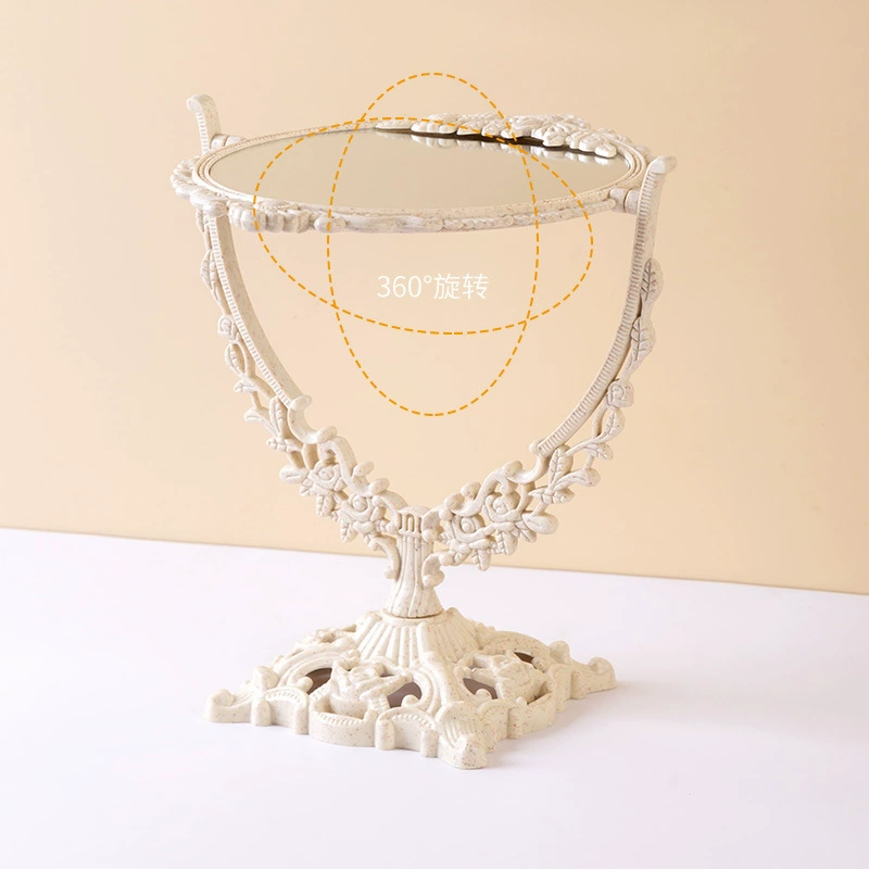 Double-Sided Rotating Vanity Mirror, Retro Ornate Off-White Table Makeup Mirror