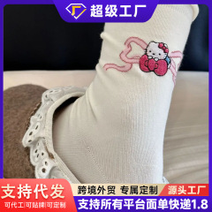 卡通kitty后跟格子系袜子女翻边kt中筒袜ins日系可爱少女堆堆袜