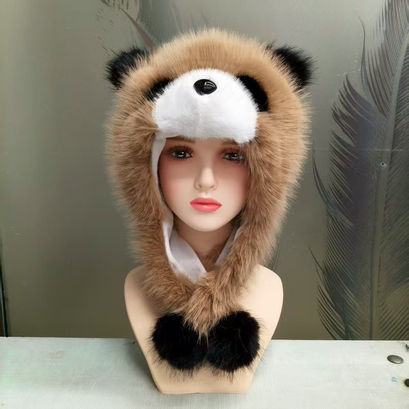 网红新款熊猫帽子时尚仿狐狸毛长卡通大鼻子护耳帽成人冬季亲子帽|undefined