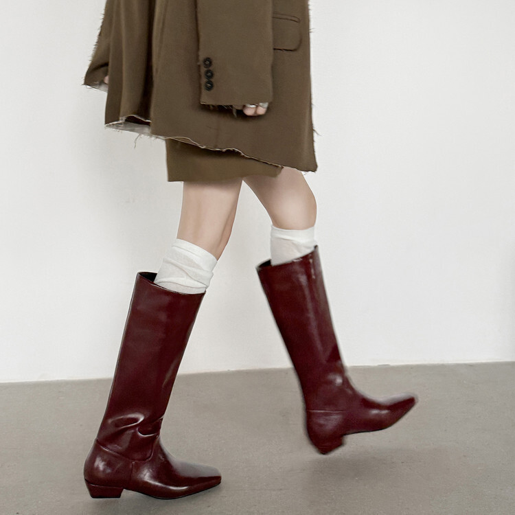 Full Cowhide ~ French Accessible Luxury Style One-Leg High Boots Burgundy Flats Bottom Inner Heightening Loose Knee Boots Boots