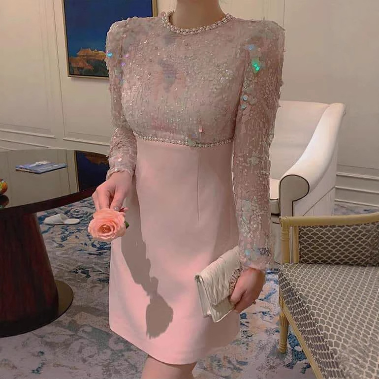 2025 Autumn New Heavy Luxury Women's Heavy Beaded Sequin Pink High-End Socialite Slim Dress