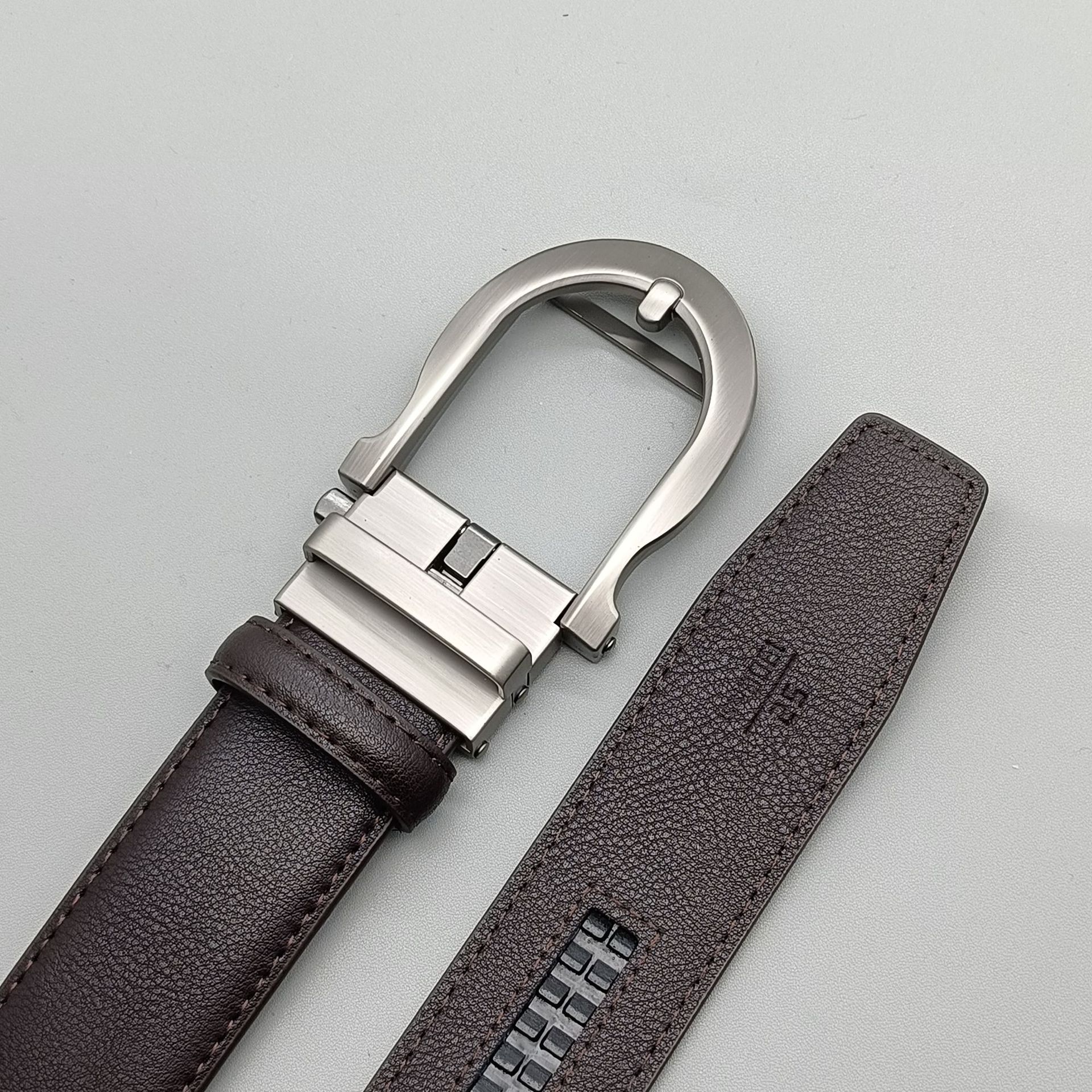 Dark coffee stitching + gun color buckle