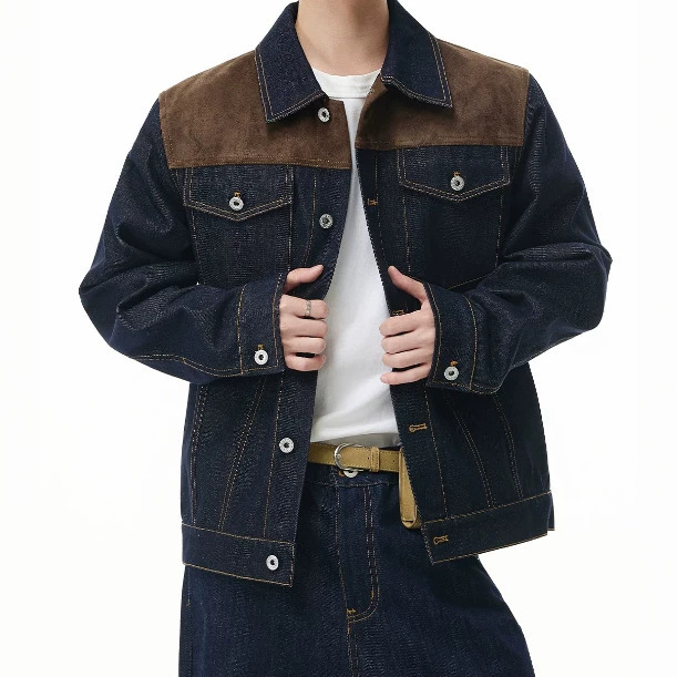 American retro suede patchwork denim jacket for men, autumn and winter trendy brand, stylish and sophisticated cleanfit coat