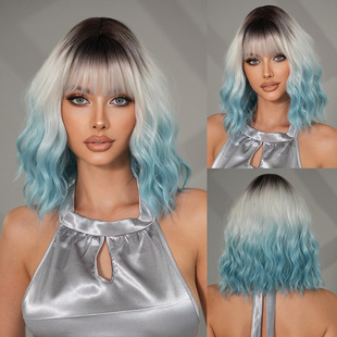 2025 Cross-Border Fashion Short Curly Gradient Blue Wig for Women with Bangs, Ocean Wave Bob, Synthetic Full Wig