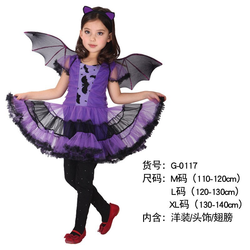 国境を越えた新型ハロウィーン魔女服装児童紫色コウモリ翼演出服装ドレス王女ワンピース|undefined