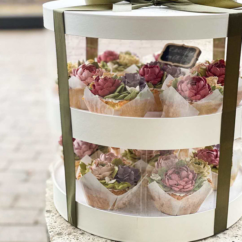 Ronda de doble capa transparente de alta gama de vacaciones decoración taza de papel caja de pastel postre hornear embalaje caja de embalaje al por mayor