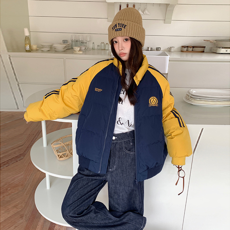 2025 transfronterizo este invierno nuevo hip-hop retro bordado marcado color de algodón pareja abrigo caliente americano suelto
