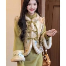 加绒加厚新中式国风套装女冬季新款旗袍连衣裙盘扣马甲两件套