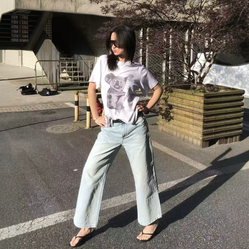 Nanyou Edition Fax~888 Retro Light Blue Washed Straight-Leg Cropped Jeans Low-Waist Slimming Distressed Commuter Jeans