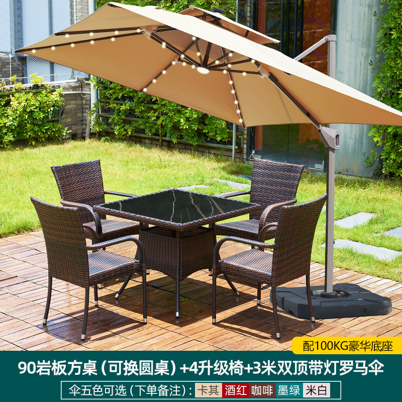 [태양광] 90 슬레이트 등나무 사각 테이블 + 의자 4개 + 조명이 있는 이중 지붕 로마 우산 3m개