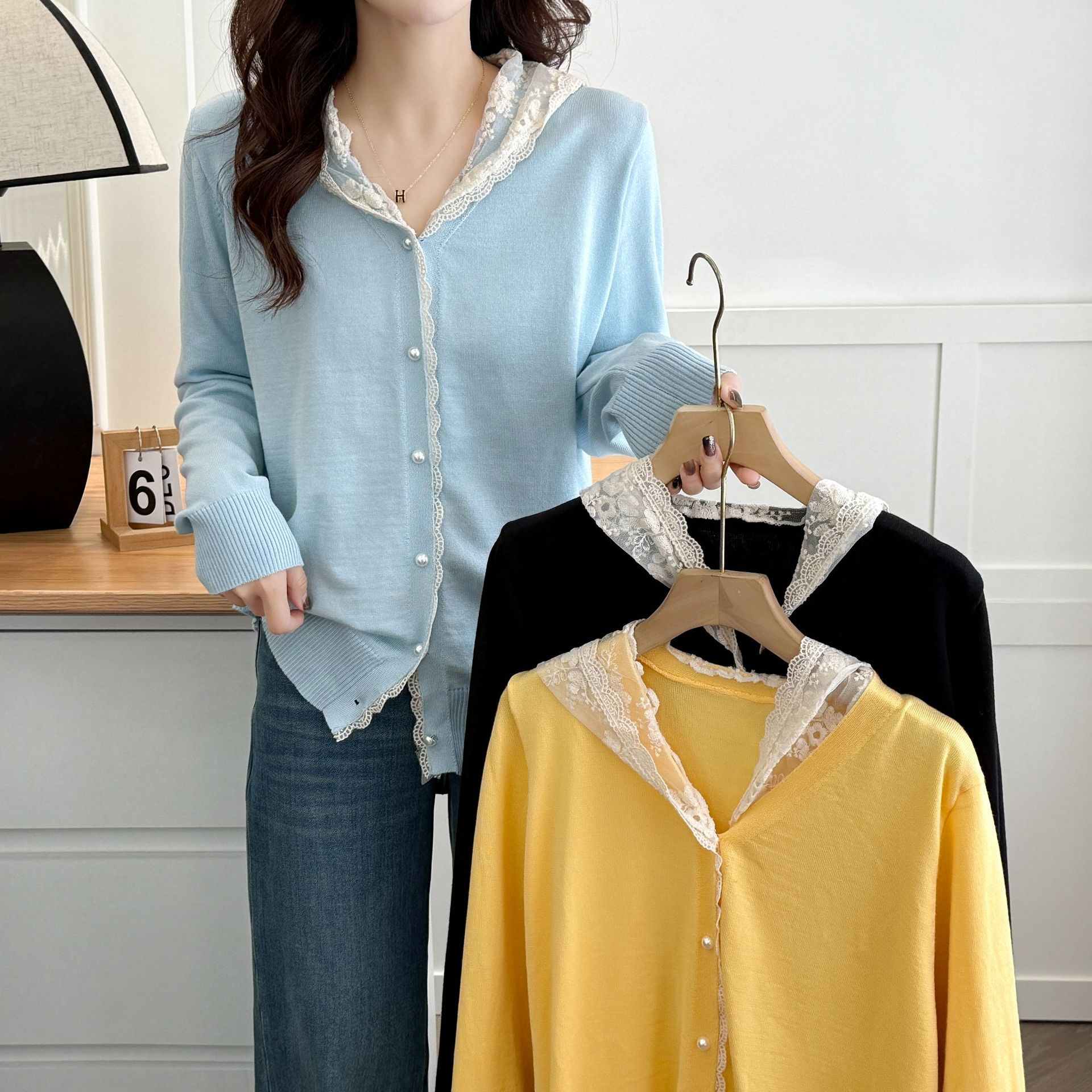 Large size lazy style lace hat knitted cardigan jacket for women's spring sweater fat MM slim top 2179