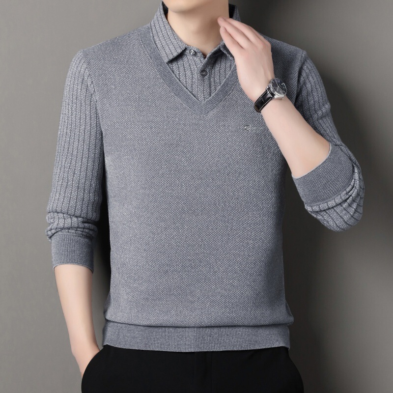 Men's winter faux two-piece fleece-lined knit sweater, loose-fitting casual pullover with a turn-down collar, striped sleeves, dad style Men's winter faux two-piece fleece-lined knit sweater, loose-fitting casual pullover with a turn-down collar, striped sleeves, dad style