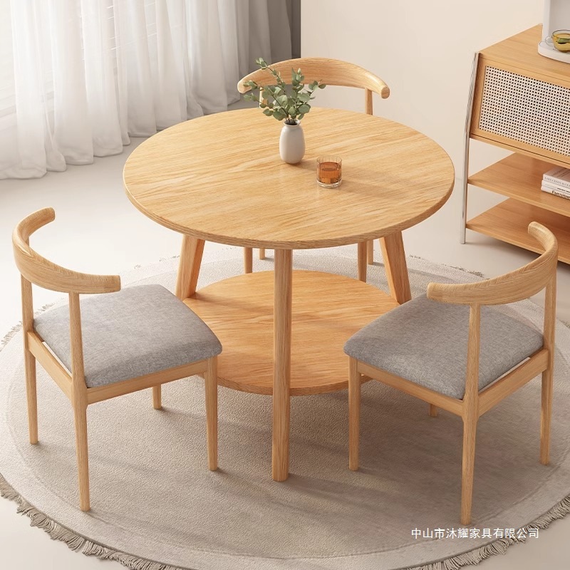 Small Round Table Solid Wood Dining Table for Home Small Apartment Simple Dining Table Catering Commercial Balcony Negotiation Table and Chair Set