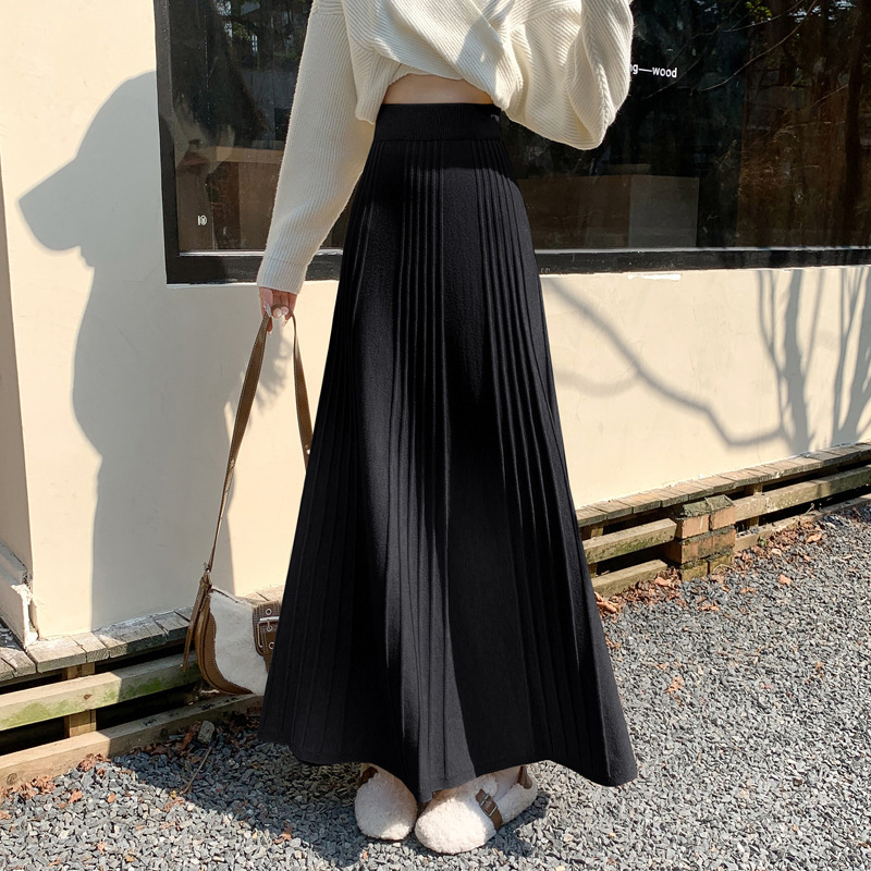 厚みのあるプリーツニットスカート女性用2025秋冬新作伸縮性ハイウエストスリムドレープAラインロングスカート|undefined
