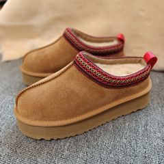 跨境厂家女式民族风雪地靴女编制厚底大码棉靴牛皮加绒保暖女鞋子