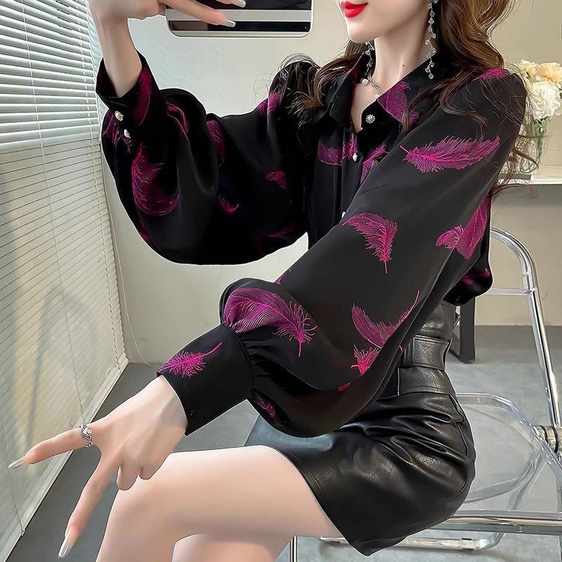 Spring All-match Outer Wear Shirt Women's Design Sense Niche Loose Lantern Sleeve Top Fashionable Loose Printed Shirt for Women