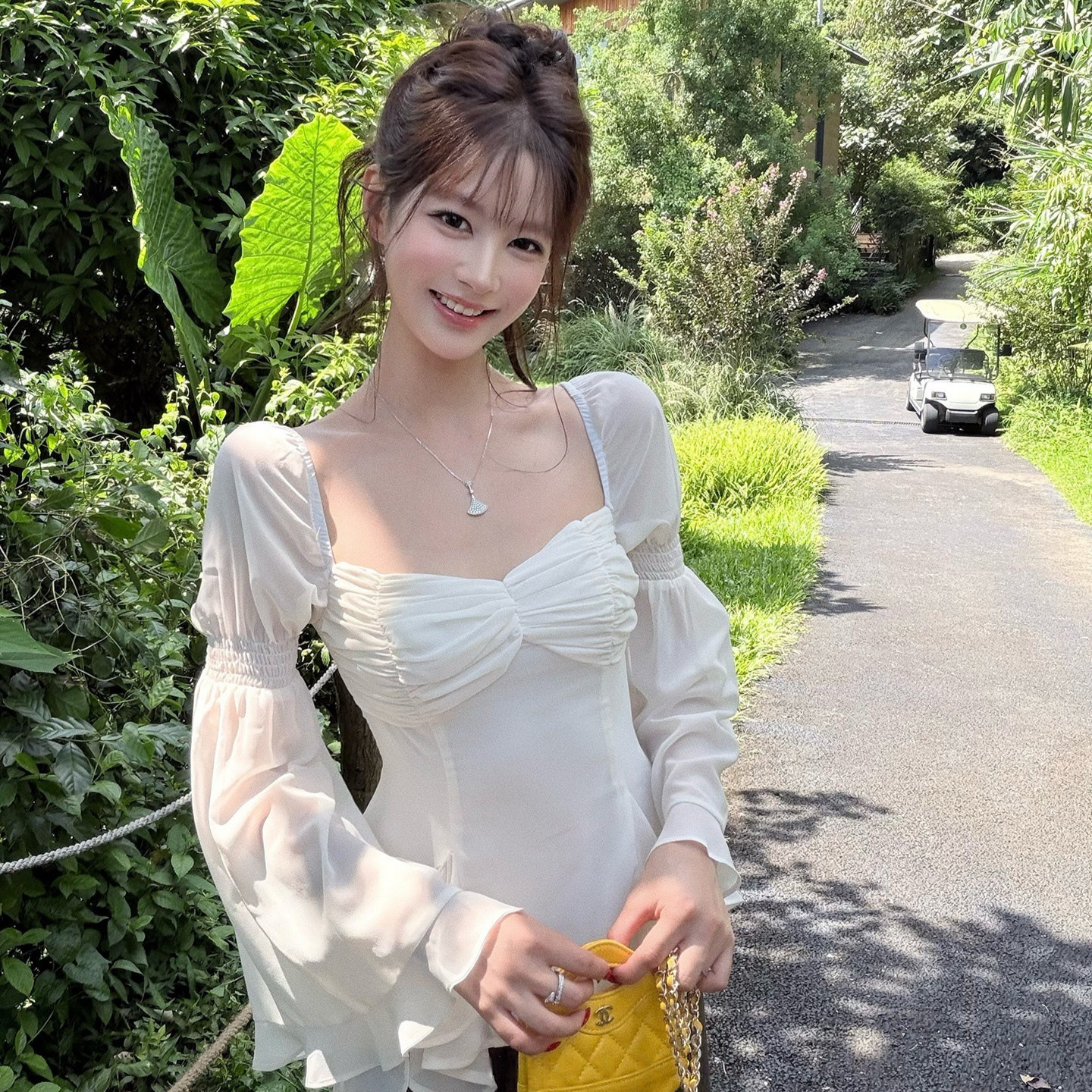 XIE Square Neck Ruffled Sleeves Chiffon Blouse for Women, Autumn Gentle Design, Slim Fit