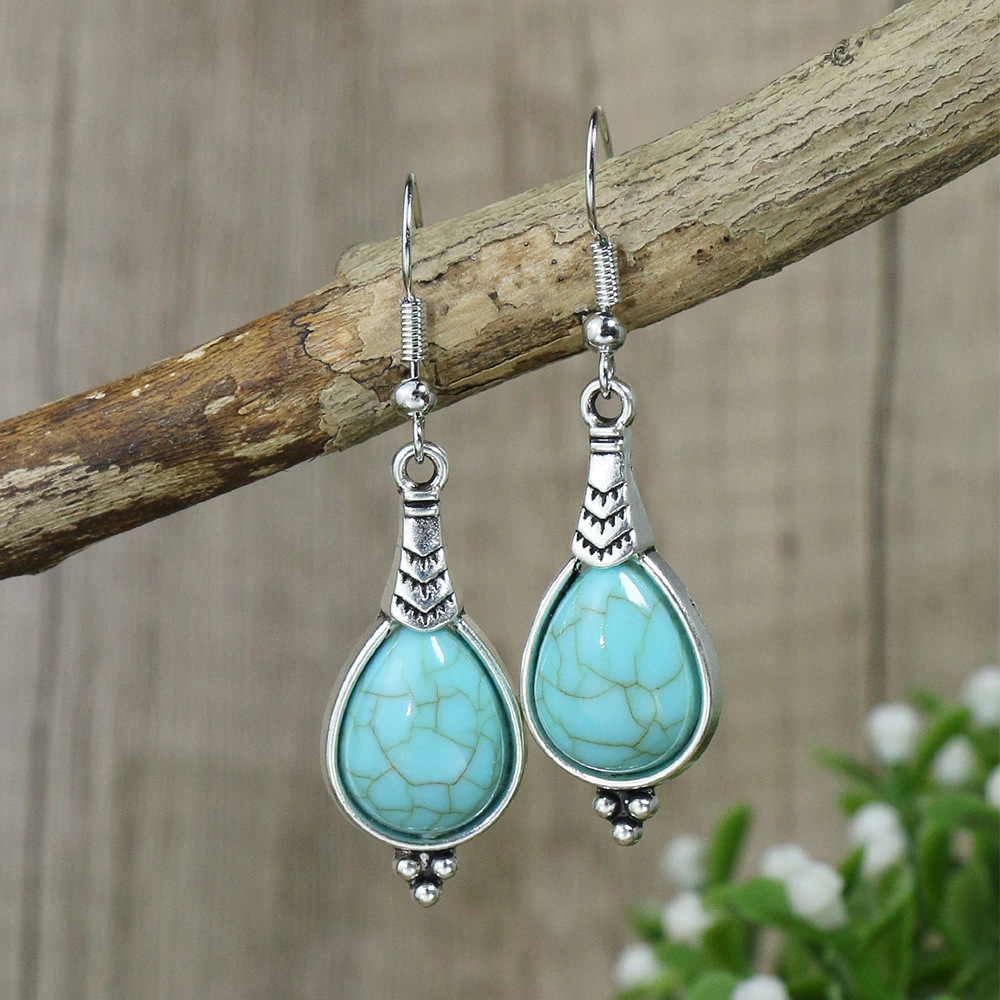 14g Weight Vacuum Plating Gold Plating Process Alloy Ear Needle Material Drop Earrings Classification 1 Pair Quantity Casual Occasion Alloy, turquoise Material Water Droplets Pattern Women's Gender Plating Design Retro Style 1 Pair Retro Water Droplets Plating Alloy Turquoise Drop Earrings 2