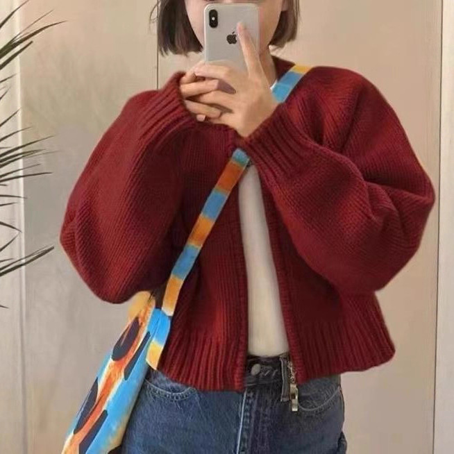 2025 New Autumn and Winter Loose Gray Short Sweater Jacket Women's Thickeneded Zipper Long-Sleeved Knitted Cardigan Top