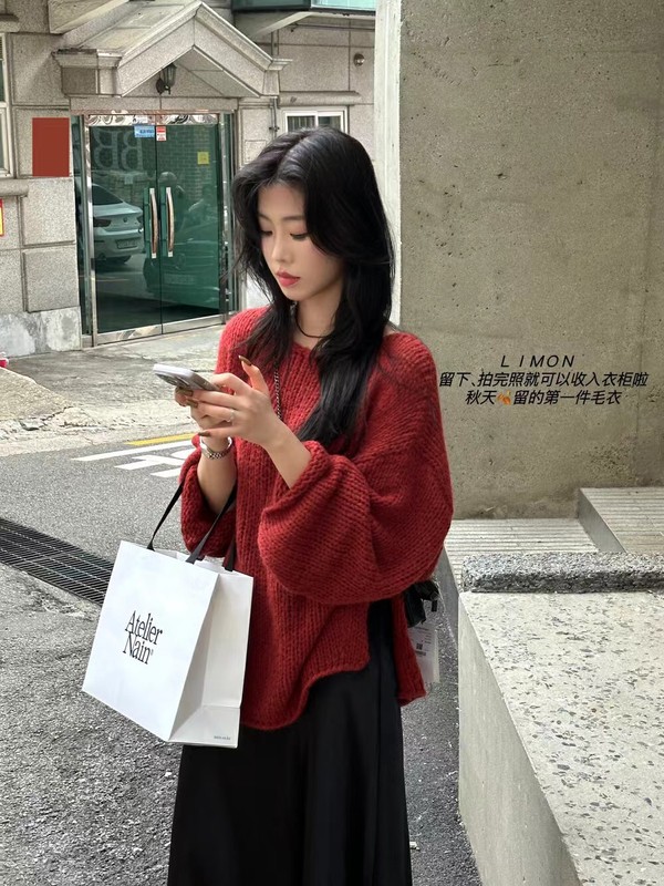 博主推荐秋季氛围感慵懒大版宽松毛衣百搭圆领开叉针织上衣女 THE|undefined