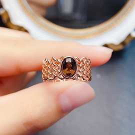 新款天然茶水晶戒指S925银镶嵌主石5*7mm百搭网红爆款女饰批发