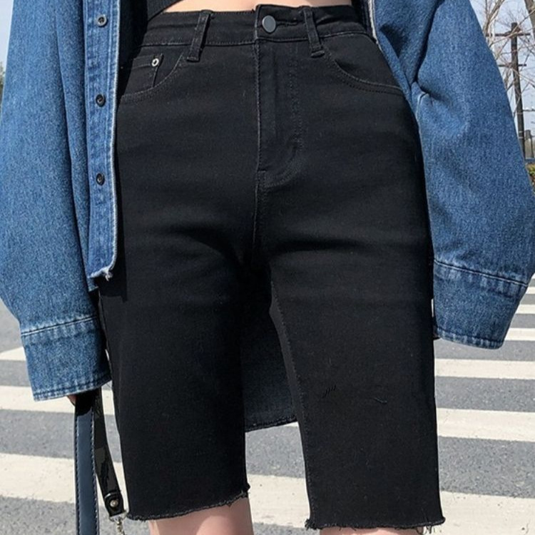 High-waisted black women's denim shorts 2026 new summer thin stretch slim-fit tight-fitting 5-point cycling shorts High-waisted black women's denim shorts 2026 new summer thin stretch slim-fit tight-fitting 5-point cycling shorts