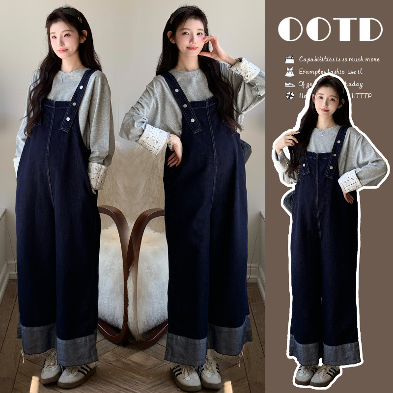 Maternity Suit 2025 Autumn New Korean Style Plus Size Versatile Long-Sleeved Sweatshirt with Lace Trim Top and Denim Overalls