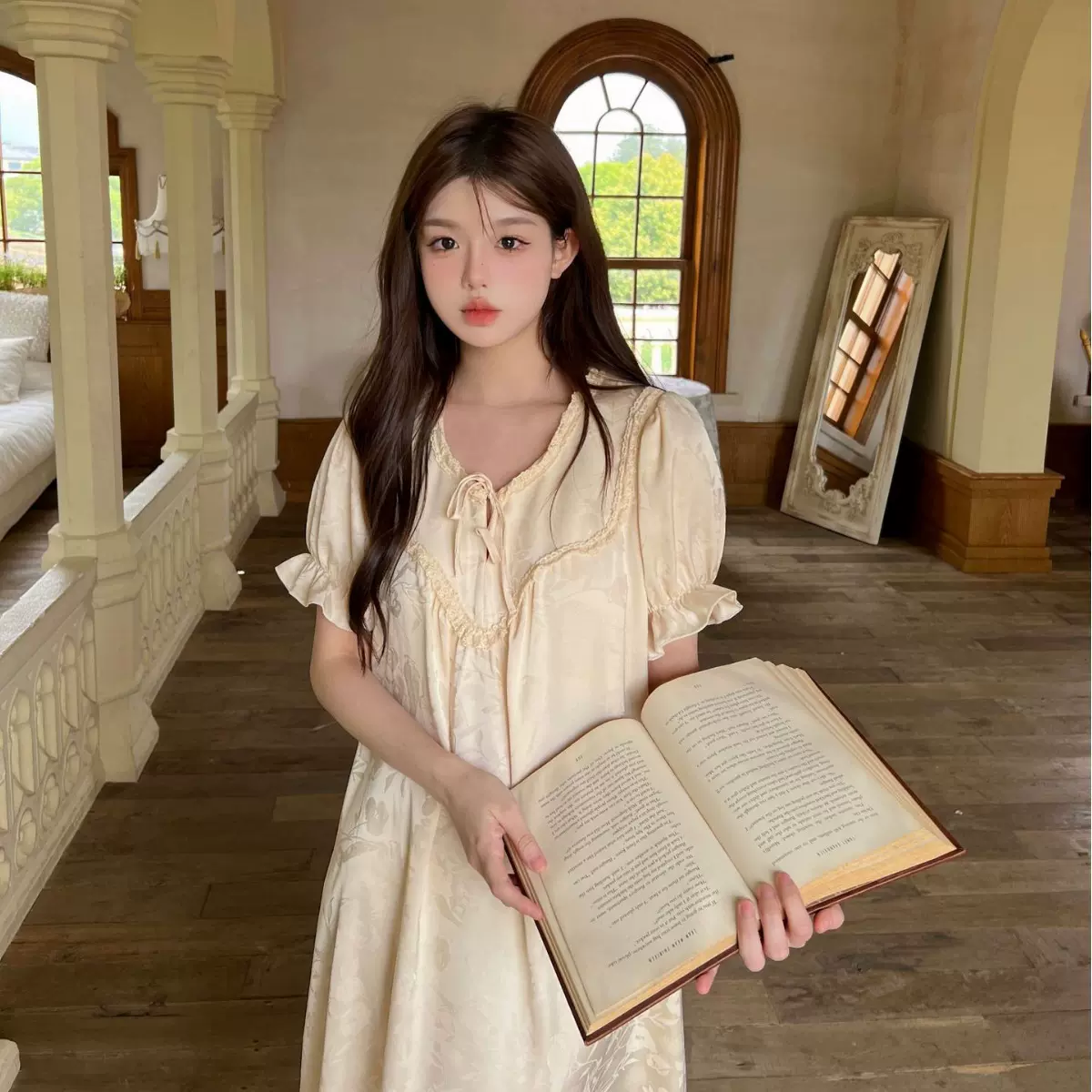 【芝士长裙】春夏新款提花少女短袖长裙睡衣女薄款仙女风家居服