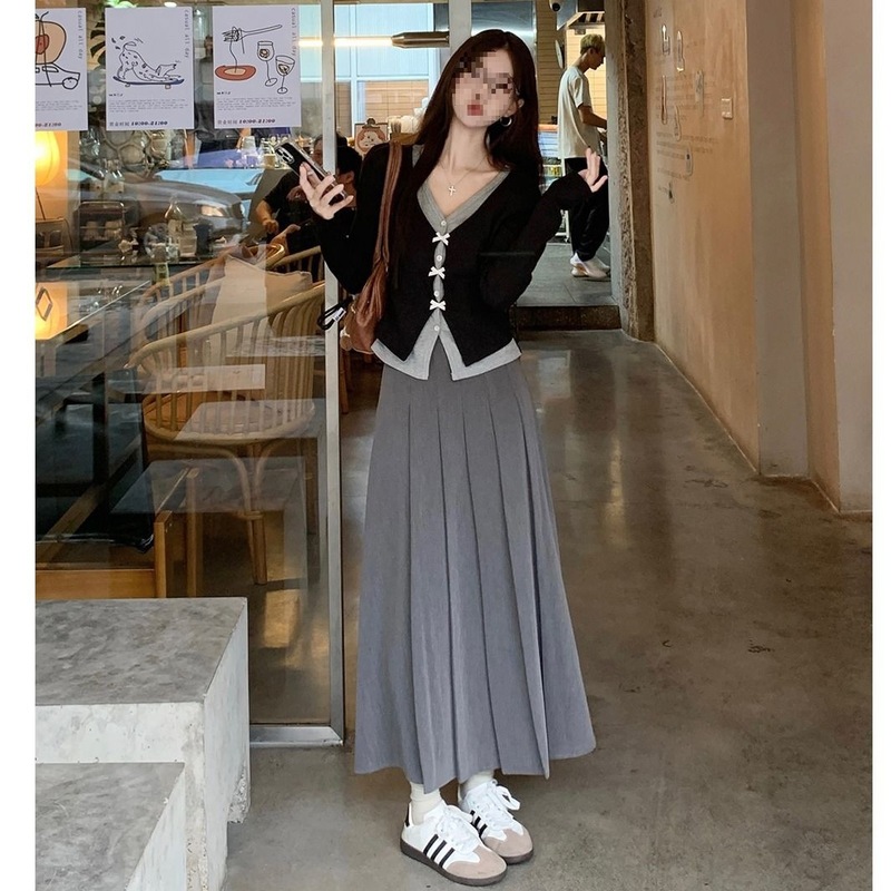 送皮带早秋新款针织开衫半身裙套装女高腰显瘦百褶裙气质两件套|undefined