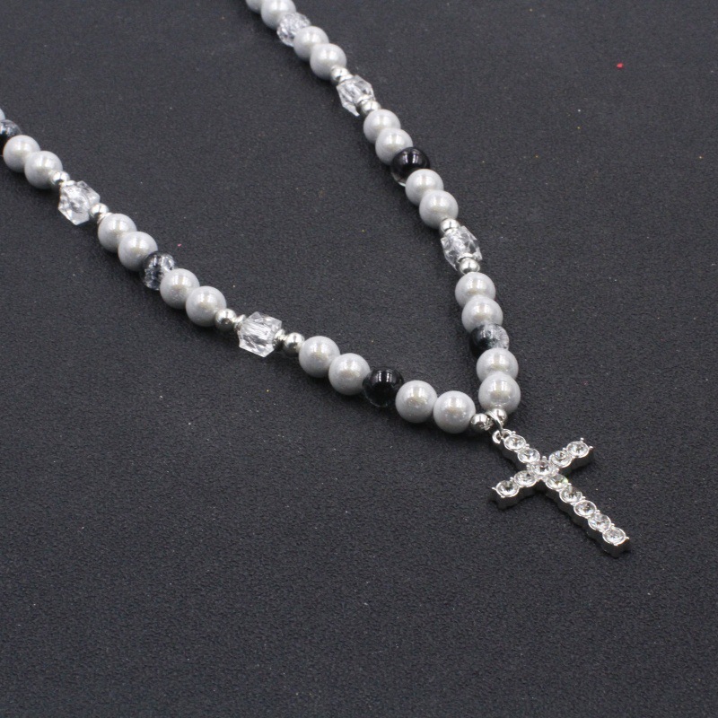 Halskette aus Titanstahl mit reflektierenden Perlen und Kreuzmuster im Schlüsselbein-Stil, Herren- und Damen-Pulloverkette im Hip-Hop-Stil_voghion.com