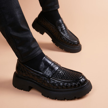 夏季编织透气皮鞋男青年英伦商务一脚蹬豆豆休闲鞋男支持密文代发
