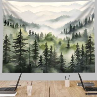 Fog Mountain Forest Tapestry Green Nature Tapestry Fog Watercolor Tree Tapestry Landscape Scenery Tapestry Wall Hanging Bedroom Living Room