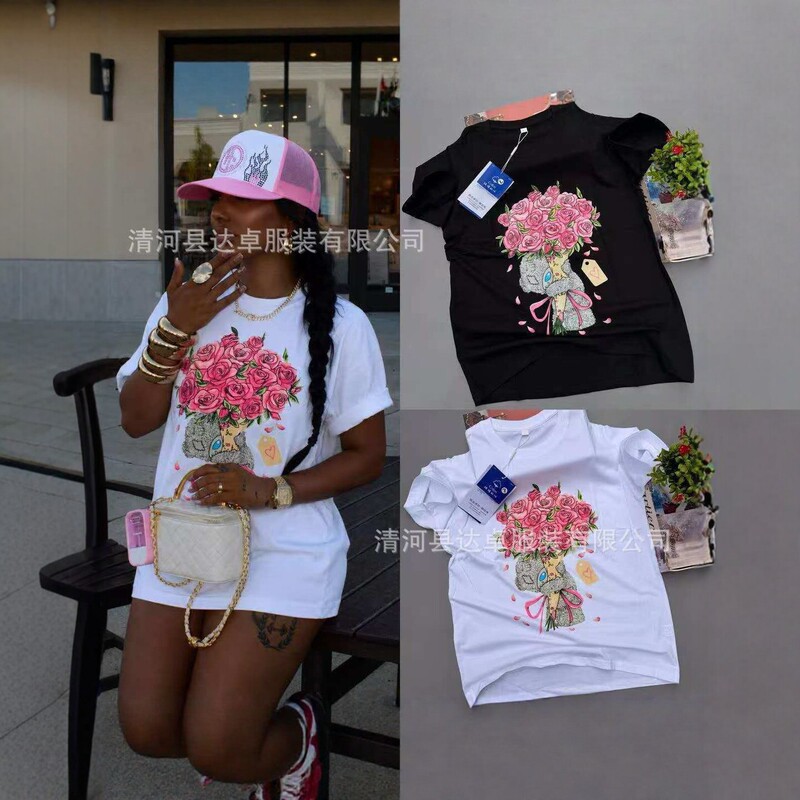 300g new high-quality heavyweight pure cotton short-sleeve T-shirt for women, loose fit, round neck, printed design, fashionable and versatile, trendy women's clothing 300g new high-quality heavyweight pure cotton short-sleeve T-shirt for women, loose fit, round neck, printed design, fashionable and versatile, trendy women's clothing