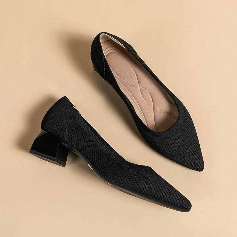 1508 Straight Pattern Princess Shoes Black Work Shoes Women's Breathable Pointed Toe Shallow Mouth Medium High Thick Heel Single Shoes Casual Princess Shoes