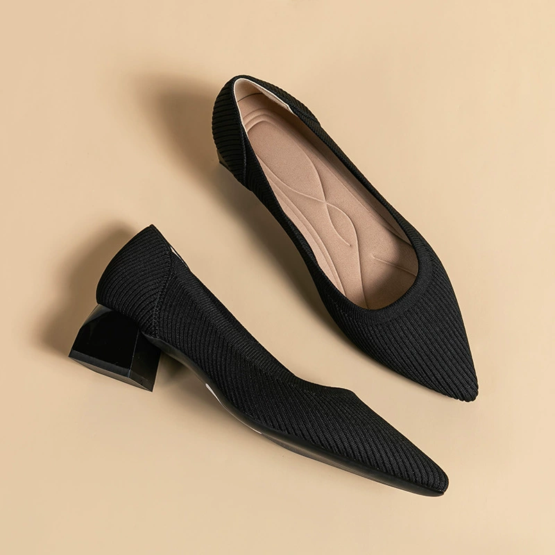 1508 Туфли принцессы с прямым узором Черные рабочие туфли Женские дышащие туфли с острым носком и неглубоким носком на среднем высоком толстом каблуке Одинарные туфли Повседневная обувь принцессы