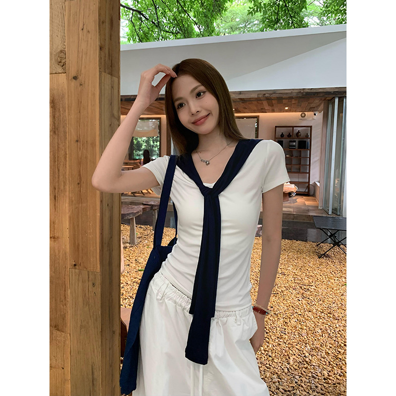 宋正恩藏蓝色正肩V领短袖t恤女夏日韩系显瘦海军领设计感上衣|undefined