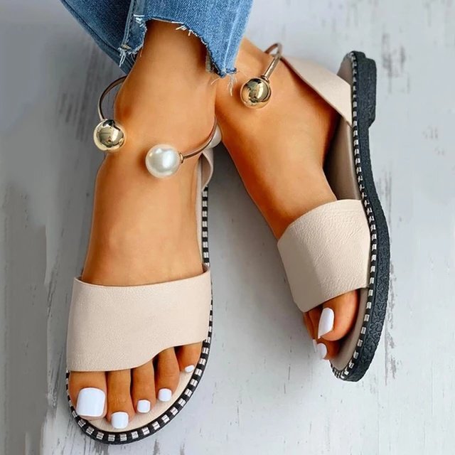 2021 Spring New Flat Pearl Large Size Sandals Women's European and American Fashion Open Toe Foreign Trade Wholesale
