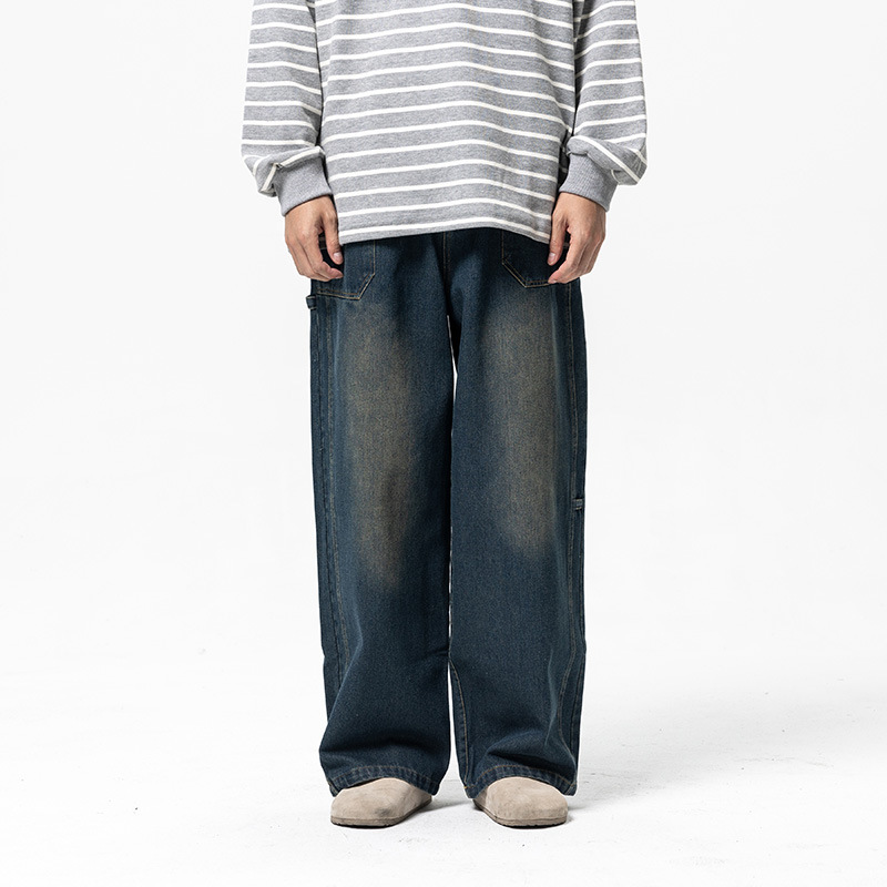 ATBORDER2024 spring new pure color washed straight logging pants Japanese retro men's distressed jeans