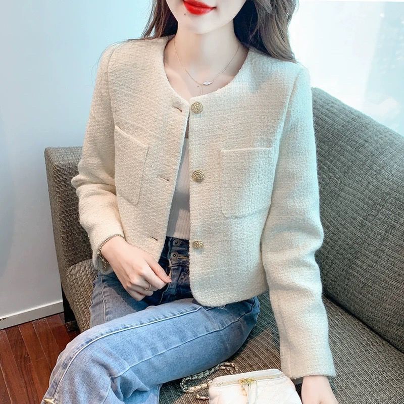 Tweed Style Short Outwear for Women 2025 Spring & Fall New Style Small Tweed High-End Pure Color High-End Top