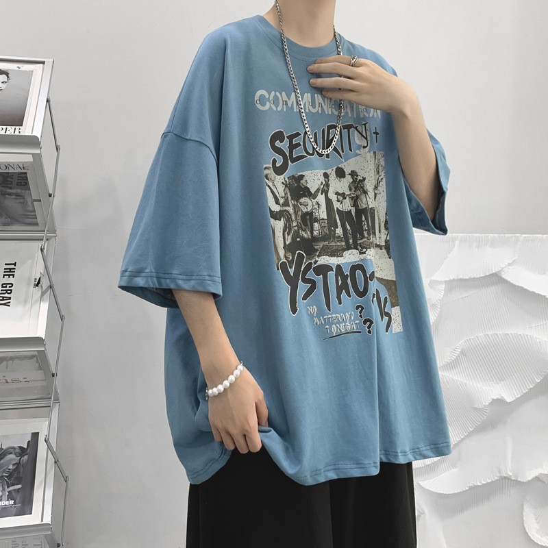 Camiseta de manga corta de los hombres más el tamaño suelto todo partido cuello redondo Camiseta verano ins casual estilo de Hong Kong guapo media manga superior