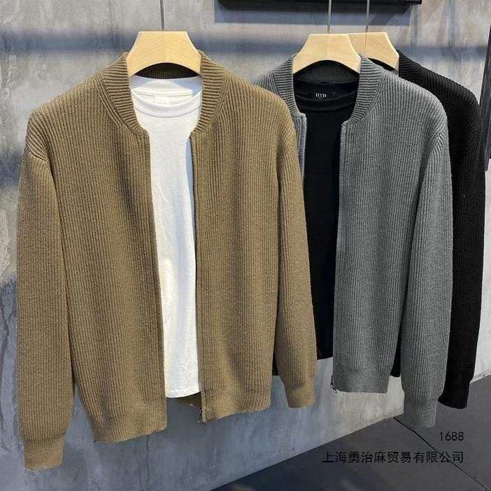Men's autumn cardigan collarless sweater, trendy knitted coat, Korean style student top, youth jacket