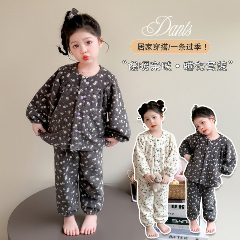 女童娃娃衫碎花冬款珊瑚绒睡衣套装儿童秋冬款法兰绒家居服两件套|undefined