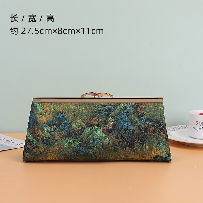 千里江山図手作り布 DIY 材料バッグハンドバッグ竹ハンドルリップ型口ゴールドバッグ未完成品|undefined
