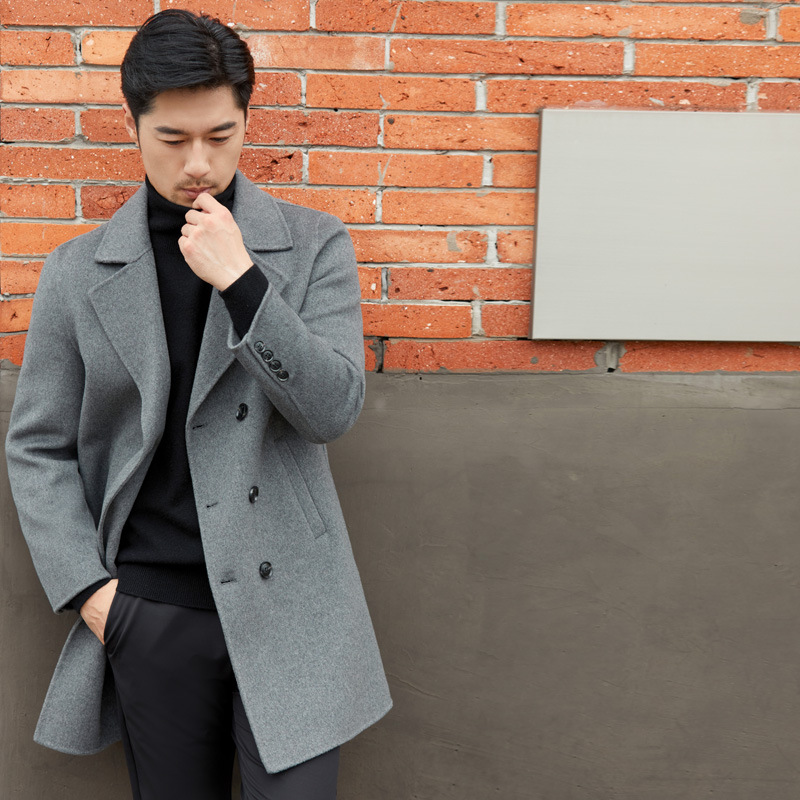 가을과 겨울 양모 양면 모직 코트 남성의 중간 길이 양면 캐시미어 트렌치 코트 세트 칼라 모직 코트 남성