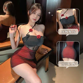 性感立体玫瑰双层网纱拼接抹胸裙女镂空秘书装包臀裙辣妹显瘦睡裙