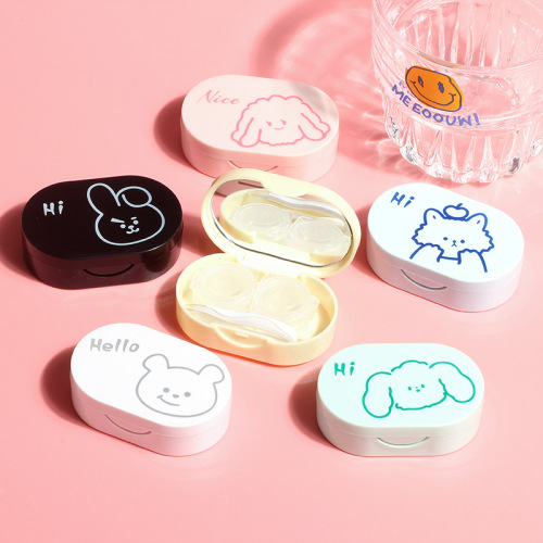 Creative cartoon contact lens case with mirror tweezers, press-printed logo companion box, double storage contact lens box