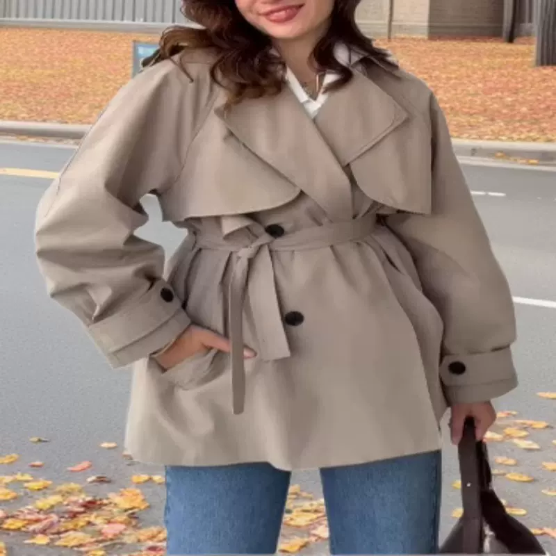 2025欧美女装 独立站 亚马逊 长袖纯色系带纽扣冲锋衣 风衣外套