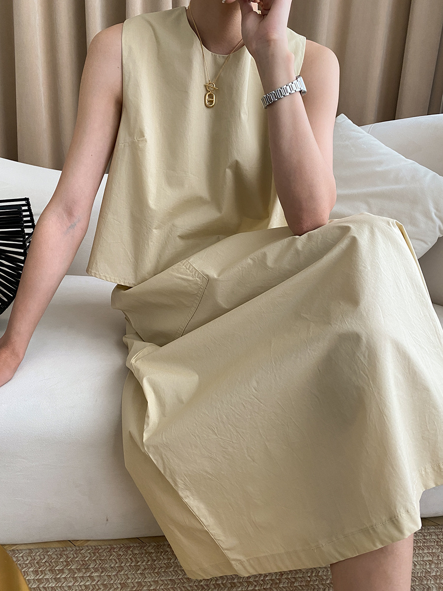 French Simplicity Elegant Pure Cotton Washed Thin round Neck Vest Umbrella Skirt Two Piece Suit