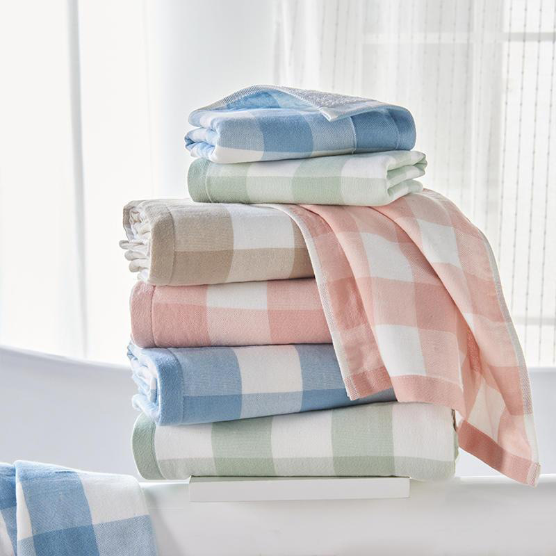 Jingjing Towel Manufacturer Wholesale 32-Strand Pure Cotton Gauze Face Towel Japanese Style Plaid All-Cotton Absorbent Towel Embroidered Gift