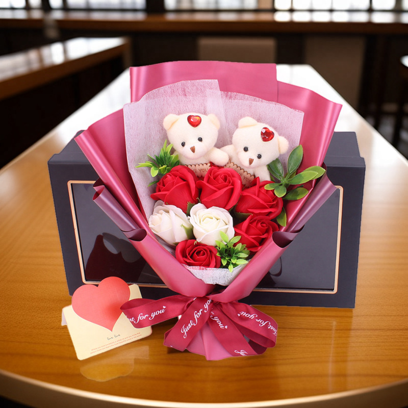 Ramo de Jabones en Forma de Oso para el Día de San Valentín y el Día de San Valentín Chino, Caja de Regalo con 7 Rosas, Regalo para el Día del Maestro, Flores Hechas a Mano